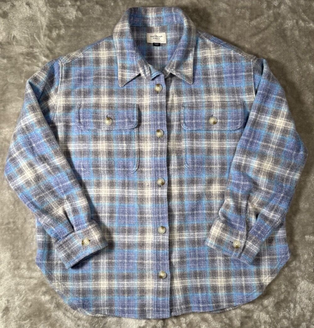 American Eagle Blue Plaid Cozy Fleece Shirt Jacket Shacket Womens Size M